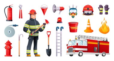Firefighter character and equipment cartoon illustration isolated on white background clipart