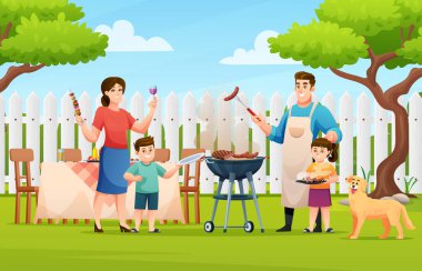 Mutlu bir aile açık havada barbekü partisinin tadını çıkarıyor. Çizgi film çizimleri.