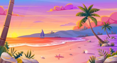 Sunset or sunrise on the beach landscape with beautiful pink sky and sun reflection over the water. Summer vacation background cartoon concept clipart