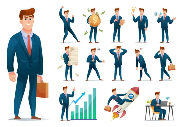 stock vector Set of businessman character with different poses and situations cartoon illustration