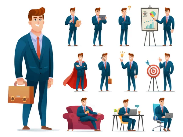 Conjunto Homem Negócios Personagem Com Diferentes Poses Ações Desenho Animado —  Vetores de Stock