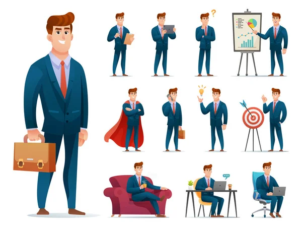 Conjunto Personaje Hombre Negocios Con Diferentes Poses Acciones Ilustración Dibujos — Vector de stock