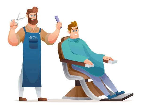 Barbeiro Profissional Com Ilustração Desenhos Animados Cliente —  Vetores de Stock