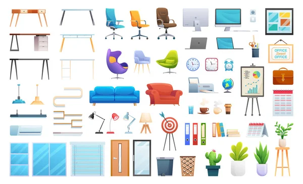 Set Office Furniture Equipment Cartoon Icon Isolated White Background — Stock Vector
