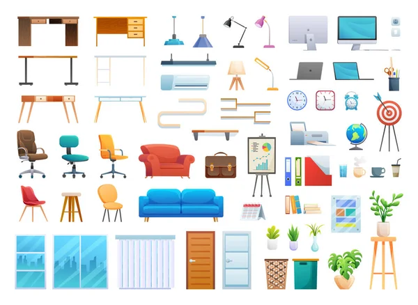 Set Office Furniture Equipment Cartoon Illustration Isolated White Background — Stock Vector