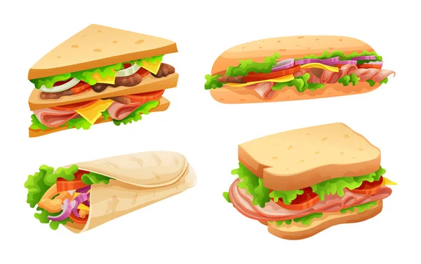 Set Delicious Sandwiches Cartoon Style — Stock Vector