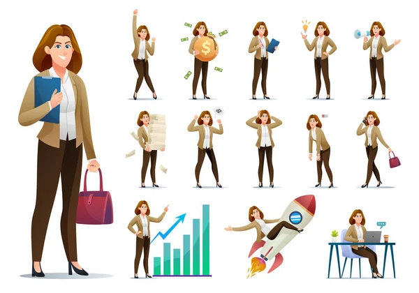 Sæt Business Kvinde Karakter Med Forskellige Stillinger Handlinger Tegneserie Illustration – Stock-vektor