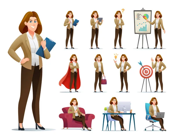 Set Business Woman Character Different Poses Situations Cartoon Illustration — Stock Vector