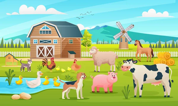 農業の背景の漫画のイラストに設定されているファーム動物 — ストックベクタ