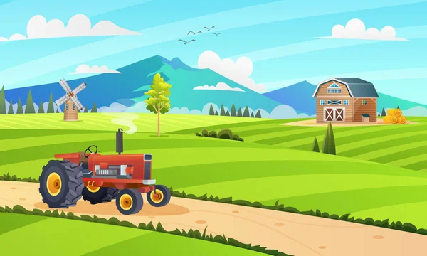 トラクターや建物の漫画のイラストのコンセプトと農村農場の風景 — ストックベクタ