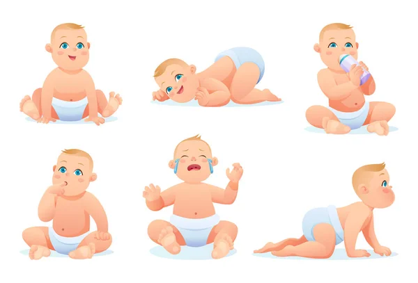 Conjunto Lindo Bebé Con Pañal Varias Poses Situaciones Personaje Dibujos — Archivo Imágenes Vectoriales