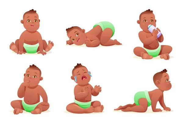 可愛いです小さなアフリカ系アメリカ人の赤ちゃん男の子のセットで様々なポーズや状況 ベクトル漫画のキャラクター — ストックベクタ