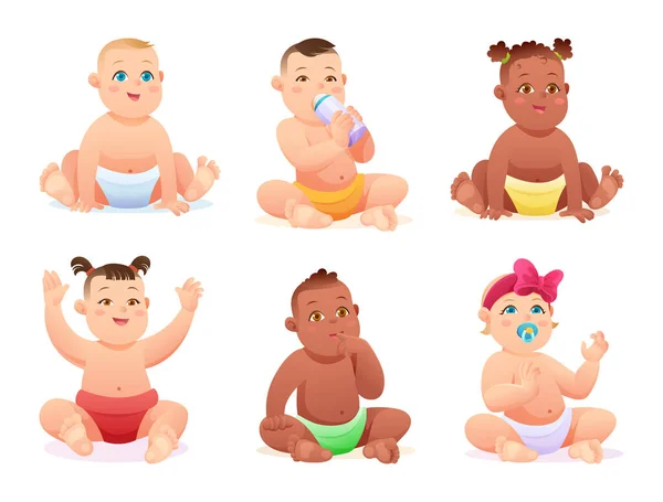 Conjunto Lindo Multi Étnico Bebé Niños Niñas Con Pañales Varias — Archivo Imágenes Vectoriales