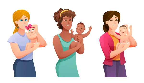 Set Van Jonge Moeders Houden Hun Schattige Baby Handen Cartoon — Stockvector