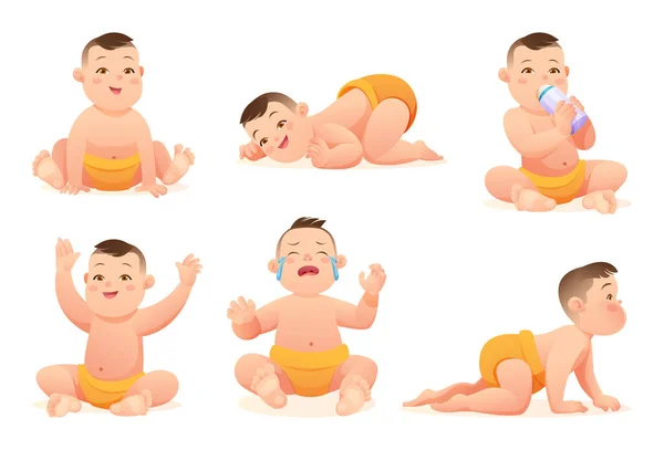 様々なポーズや状況でおもちゃとかわいい赤ちゃんの男の子のセット ベクトル漫画のキャラクター — ストックベクタ