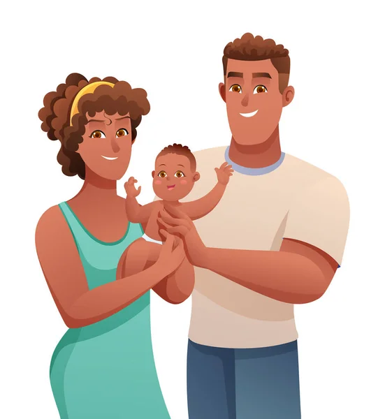 Gelukkig Jong Ouders Met Hun Schattig Klein Baby Cartoon Stijl — Stockvector