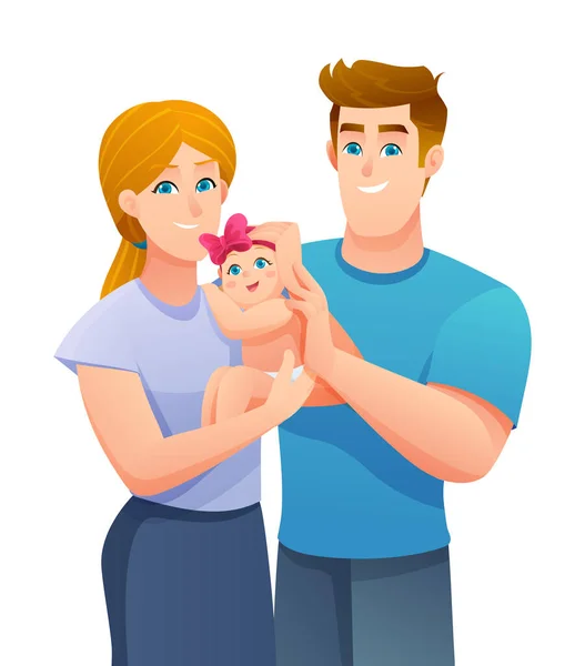 Gelukkig Jonge Ouders Met Hun Schattige Kleine Baby Cartoon Karakter — Stockvector
