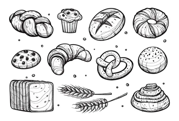 Various Breads Set Bakery Pastry Products Hand Drawn Vector Illustration — Stock Vector