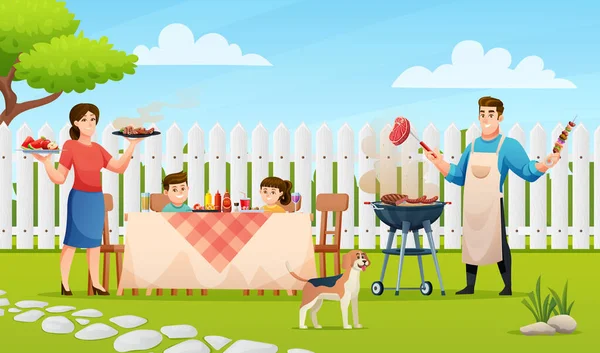 Gelukkige Familie Genieten Van Een Barbecue Achtertuin Illustratie — Stockvector