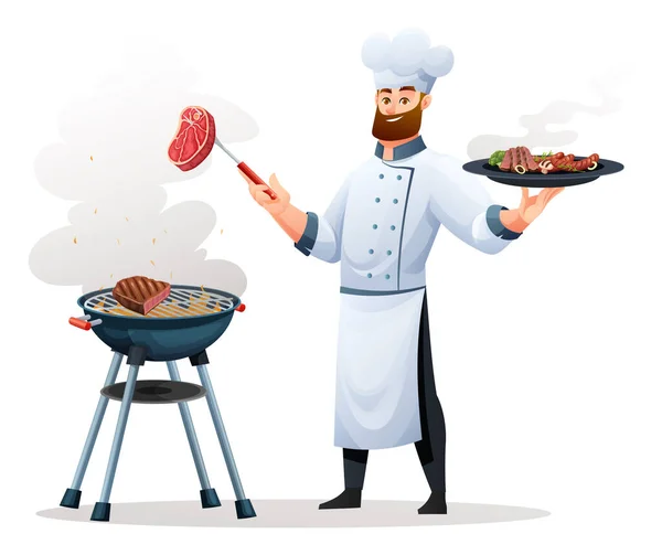 Chef Cucinare Carne Sul Barbecue Illustrazione — Vettoriale Stock