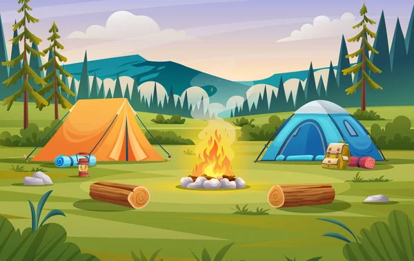 テント キャンプファイヤー バックパック ランタン漫画のイラストと自然キャンプ風景 — ストックベクタ