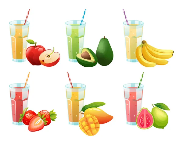 様々なフレッシュフルーツジュースのイラストのセット — ストックベクタ