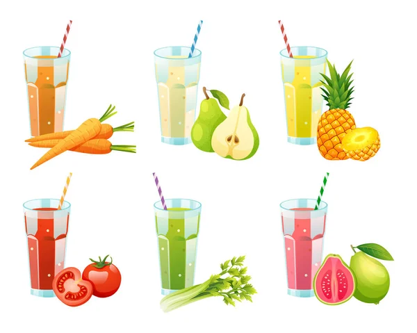 Set Van Verschillende Groenten Fruit Sappen Illustratie Geïsoleerd Witte Achtergrond — Stockvector