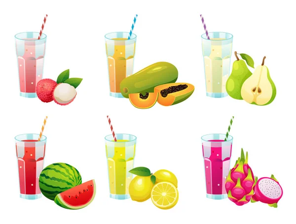 Set Various Fresh Fruit Juices Glasses Illustration — Stock Vector