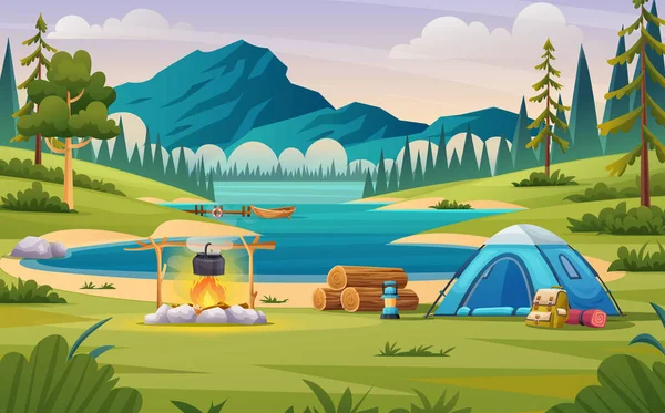 山や湖の風景イラストと夏のキャンプのコンセプト — ストックベクタ