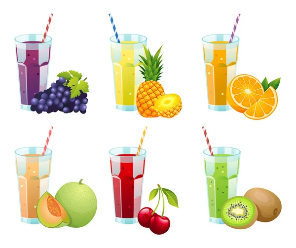 Set Different Fresh Fruit Juices Glasses Illustration — Stock Vector