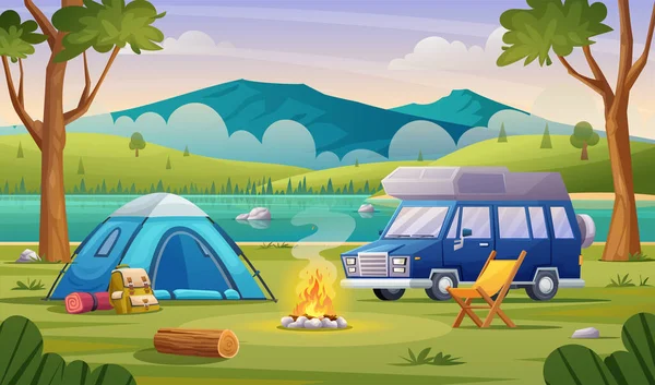 テント キャンプファイヤー バックパック バンと自然キャンプのコンセプト 山と湖の景色のイラストでキャンプ風景 — ストックベクタ