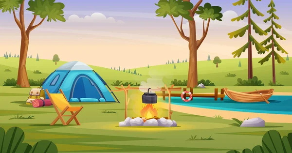 Paysage Camp Matin Avec Collines Illustration Vue Sur Lac — Image vectorielle