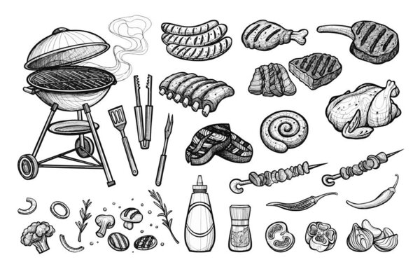 Set of barbecue elements grilled meat and ingredients hand drawn sketch. BBQ party concept illustration