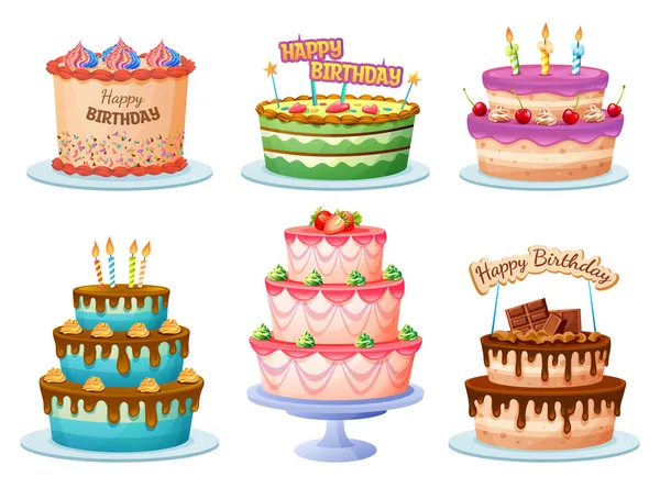 Kolorowy Tort Urodzinowy Zestaw Ilustracji Kreskówki — Wektor stockowy