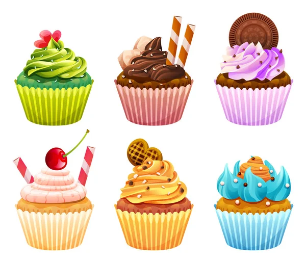 Set Különböző Színes Édes Cupcakes Rajzfilm Illusztráció — Stock Vector