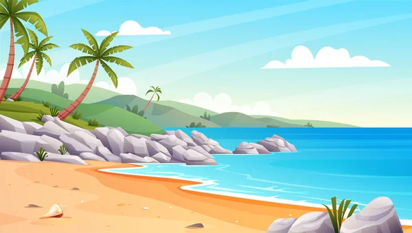 ヤシの木や海岸の漫画のイラストの岩と熱帯のビーチの風景 — ストックベクタ