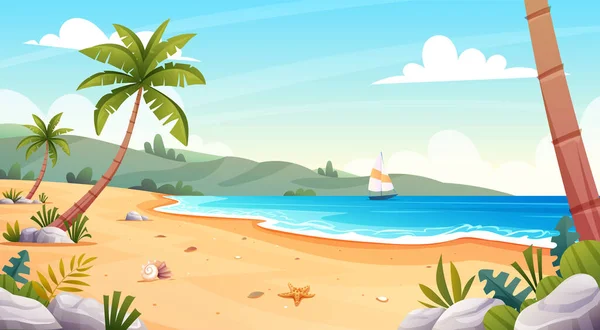 海岸沿いのヨットやヤシの木と熱帯のビーチの風景 夏休みの背景漫画のコンセプト — ストックベクタ