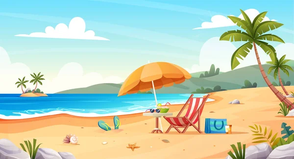 热带海滩景观 海滨有沙滩椅和伞 暑假卡通人物概念 — 图库矢量图片
