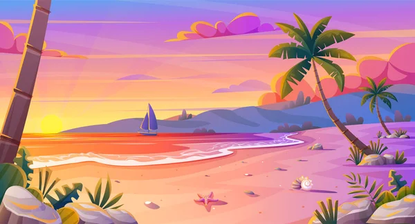 Sunset Sunrise Beach Landscape Beautiful Pink Sky Sun Reflection Water — Stock Vector