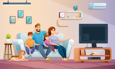 Birlikte oturma odasında televizyon izleyen mutlu bir aile. Çizgi film tarzında aile çizimi kavramı