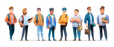 Çizgi film tarzında bir grup genç erkek öğrenci.