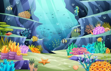 Undersea ocean world illustration. Underwater life with fishes and coral reefs on a blue sea background clipart