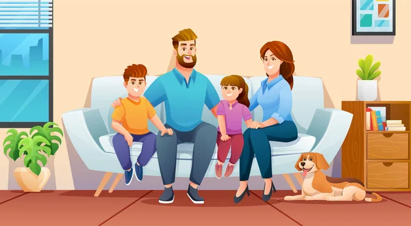 幸せな家族は父 ペットと一緒に家に一緒にソファに座っています 漫画風のファミリーイラストコンセプト — ストックベクタ