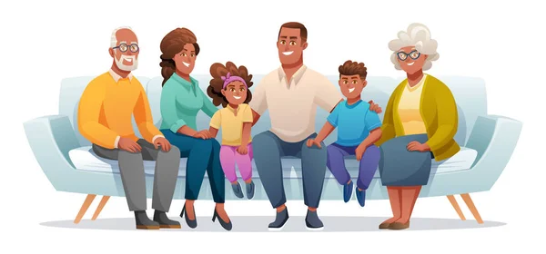 Boldog Család Kanapén Apával Anyával Nagyapával Nagymamával Gyerekekkel Családi Illusztráció — Stock Vector