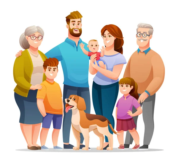 与父亲 孩子和宠物组成的幸福大家庭的画像 卡通风格的家庭插图 — 图库矢量图片