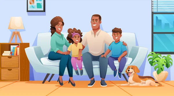 快乐的家庭与父母 孩子和宠物一起坐在沙发上 卡通风格的家庭插图 — 图库矢量图片