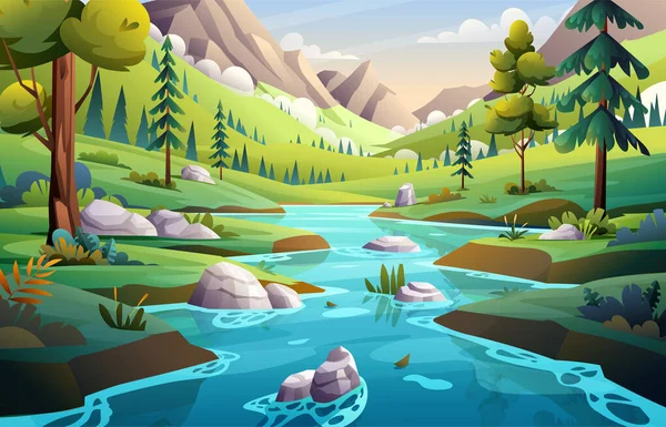 Μπλε Ποτάμι Στο Τοπίο Κοιλάδα Του Βουνού Εικονογράφηση Φόντου — Διανυσματικό Αρχείο