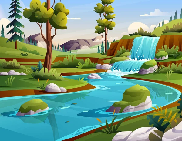 Μπλε Ποτάμι Στο Δάσος Βουνά Τοπίο Απεικόνιση Φόντου — Διανυσματικό Αρχείο