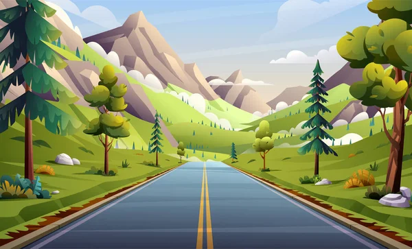 山の谷の風景のイラストでアスファルトの道路 牧草地や木々の漫画の背景を介して自然高速道路 — ストックベクタ