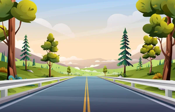 牧草地や木々の風景イラストを介して手すりと直線道路 自然への道ベクトル背景 — ストックベクタ